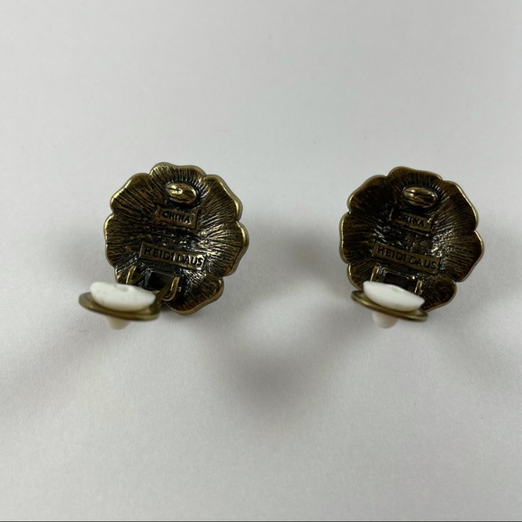 Brass Flower & Turquoise Clip on Earrings - Picture 5 of 8